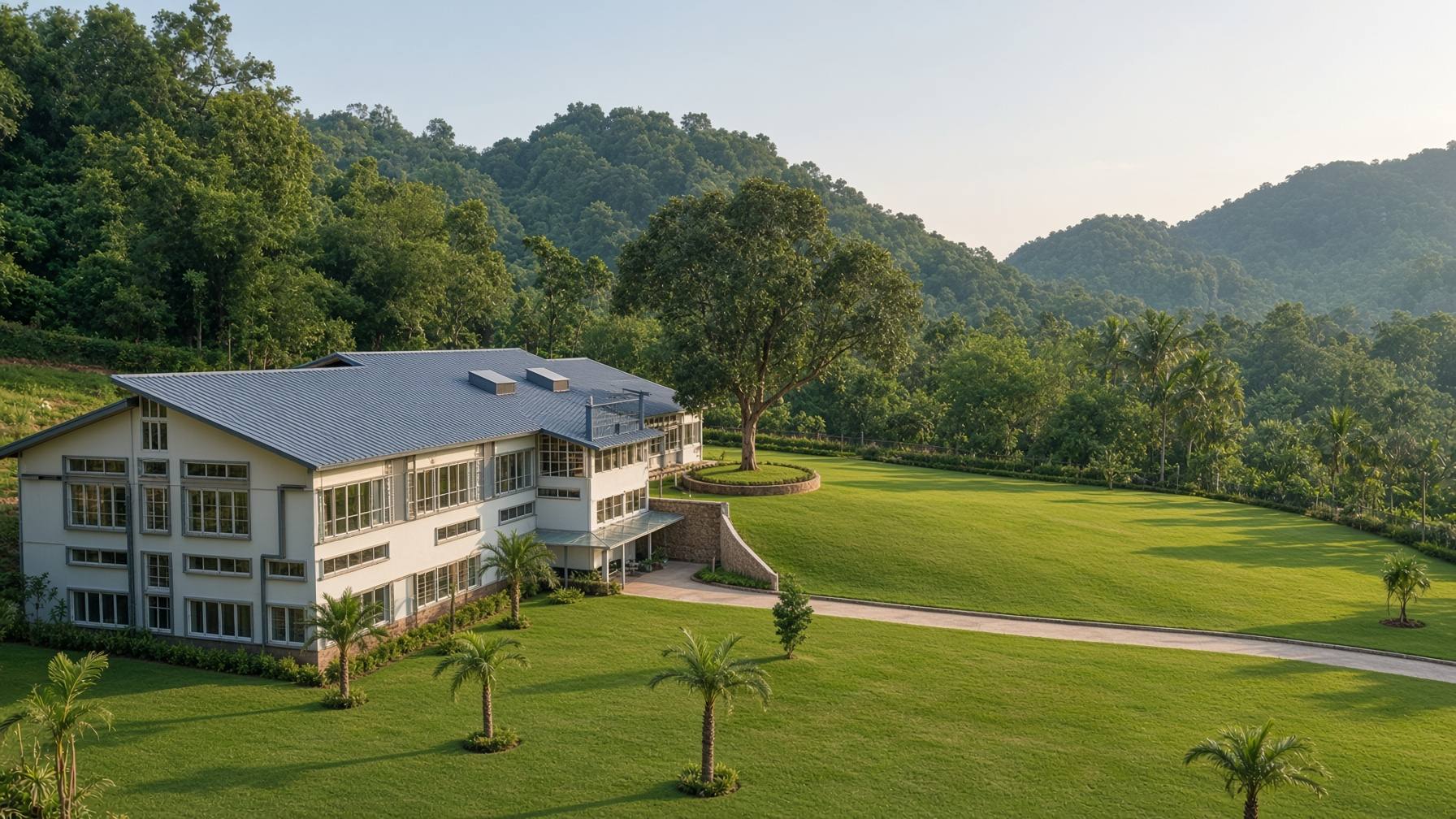 The Nest campus at Medhikuchi, with the main building, lawn, and forested hills